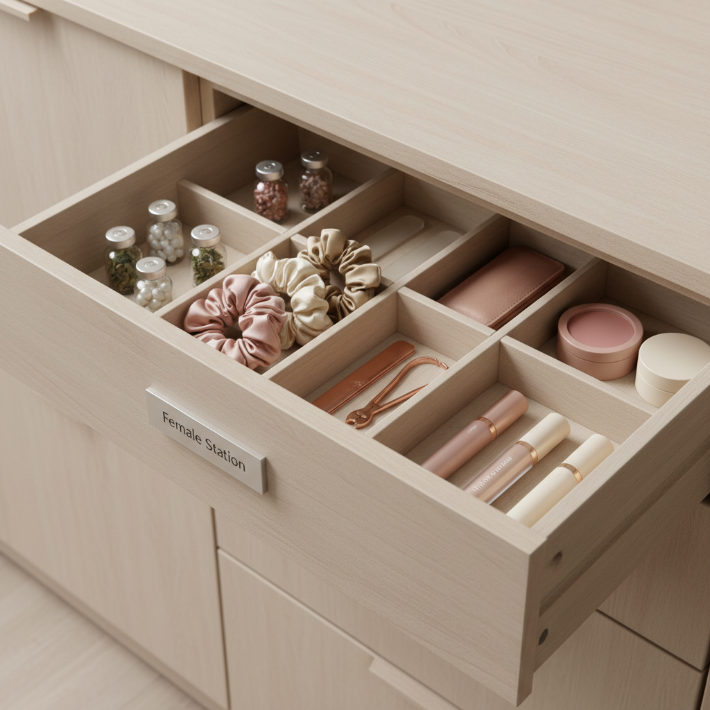 A close-up, photographic realism shot of a luxurious, open drawer labeled with a discreet metallic plaque reading “Female Station”. Inside, perfectly organized dividers separate wellness capsules in glass vials, silk scrunchies, nail care tools, and minimalist makeup items in coordinated rose, champagne, and ivory tones. The drawer is crafted from smooth, pale oak with a matte finish, set within a modern built-in cabinet. Overhead soft studio lighting creates gentle, even illumination with subtle shadows that emphasize textures: the smooth glass, the softness of silk, the satin of product packaging. The mood is orderly, refined, and indulgent, shot from a slightly elevated angle to highlight the idea of everything a woman desires in one accessible place.