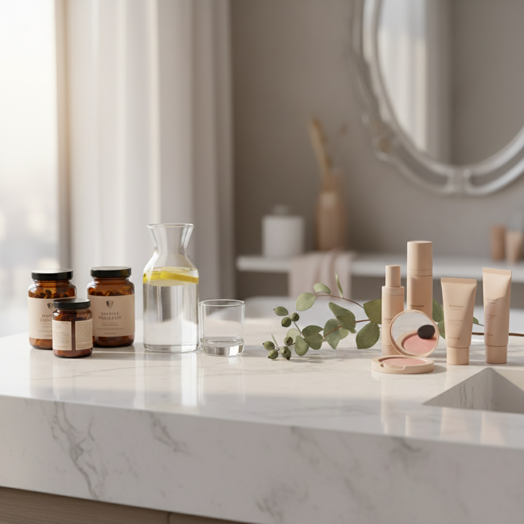 An elegant, modern vanity top combining wellness and beauty, featuring a polished white stone surface with subtle grey veining. On the left, neatly arranged amber-glass supplement jars and a clear water carafe with lemon slices; on the right, high-end cosmetic bottles in matte nude tones and a single open compact revealing a soft rose powder. A delicate dried eucalyptus branch bridges the two sides. Warm, indirect daylight from a nearby window casts gentle reflections on the stone, creating a serene, sophisticated atmosphere. Photographic realism, shot at eye level with a shallow depth of field and a clean, uncluttered background hinting at a luxurious, feminine sanctuary.