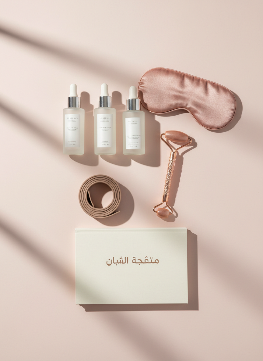 A sophisticated flat-lay composition of elegant feminine wellness and beauty essentials arranged on a seamless, pale blush background. Luxurious glass skincare bottles with frosted finishes, a satin eye mask, a rose-gold facial roller, and a sleek fitness resistance band rest alongside a slim, closed notebook embossed in Arabic with “محطة أنثى”. Soft diffused natural light from the left creates gentle highlights on the glass and metal details, with feather-light shadows adding depth. The scene feels calm, refined, and modern, captured from a true bird’s-eye view with photographic realism, emphasizing harmony between health and beauty in one curated, minimalist frame.